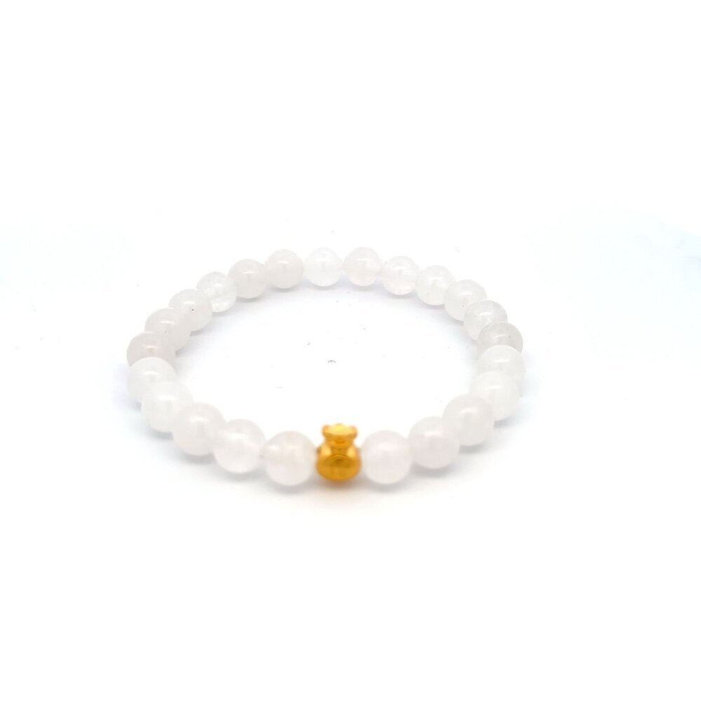 24K Gold Money Bag Lucky Charm Bracelet Gemstone Natural White Jade 8mm Size 7"
